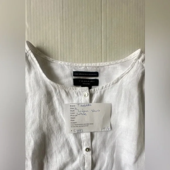 Tahari Shirt European Flax 100% Linen Womens XL White Textured Button Up Top - Picture 8 of 8